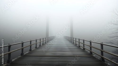 A mysterious wooden bridge vanishes into the fog, creating an atmosphere of intrigue and uncertainty