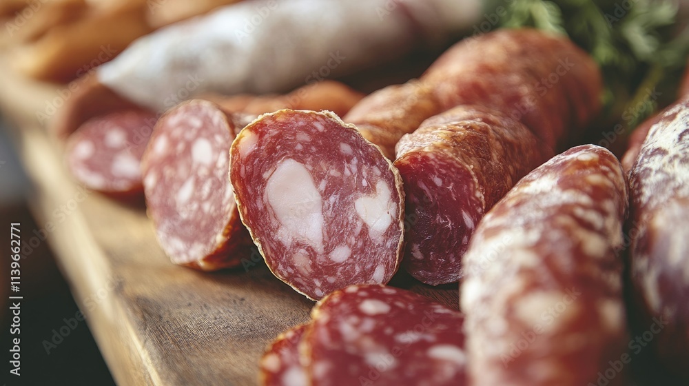 A Close-Up Shot of Delicious Italian Salami Slices on Wooden Board A Close-Up Shot of Delicious Italian Salami Slices on Wooden Board