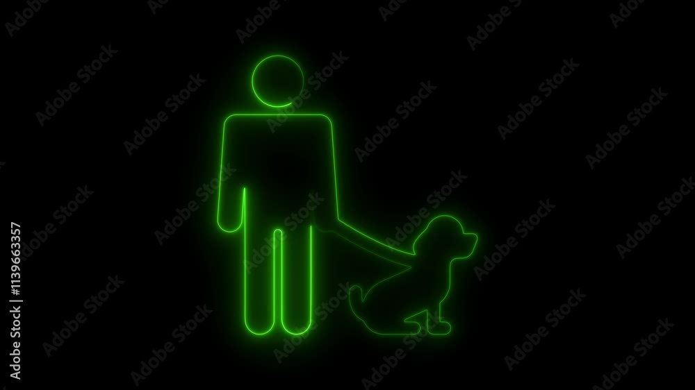 Neon Animation of a Person Walking a Dog on Leash, Symbolizing Pet Care, Dog Walking Services, Outdoor Activity, and Animal Love Neon Animation of a Person Walking a Dog on Leash, Symbolizing Pet Care, Dog Walking Services, Outdoor Activity, and Animal Love