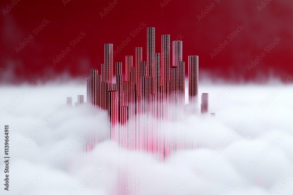 Fototapeta premium Misty skyline, bold crimson backdrop, abstract cityscape emerges from fine spray, illustrating urban creativity and depth