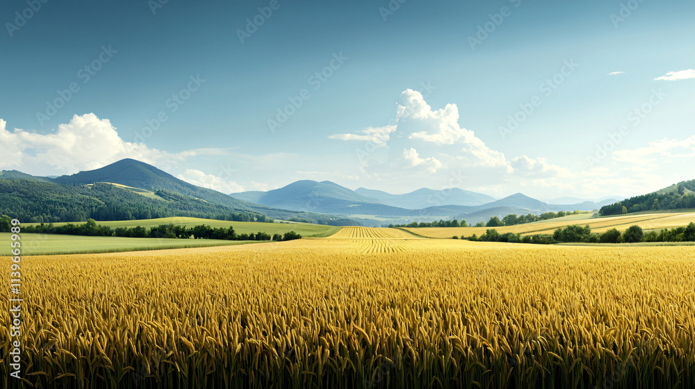 Fototapeta premium vast rice field stretches under clear blue sky, surrounded by majestic mountains. golden grains sway gently in breeze, creating serene and picturesque landscape
