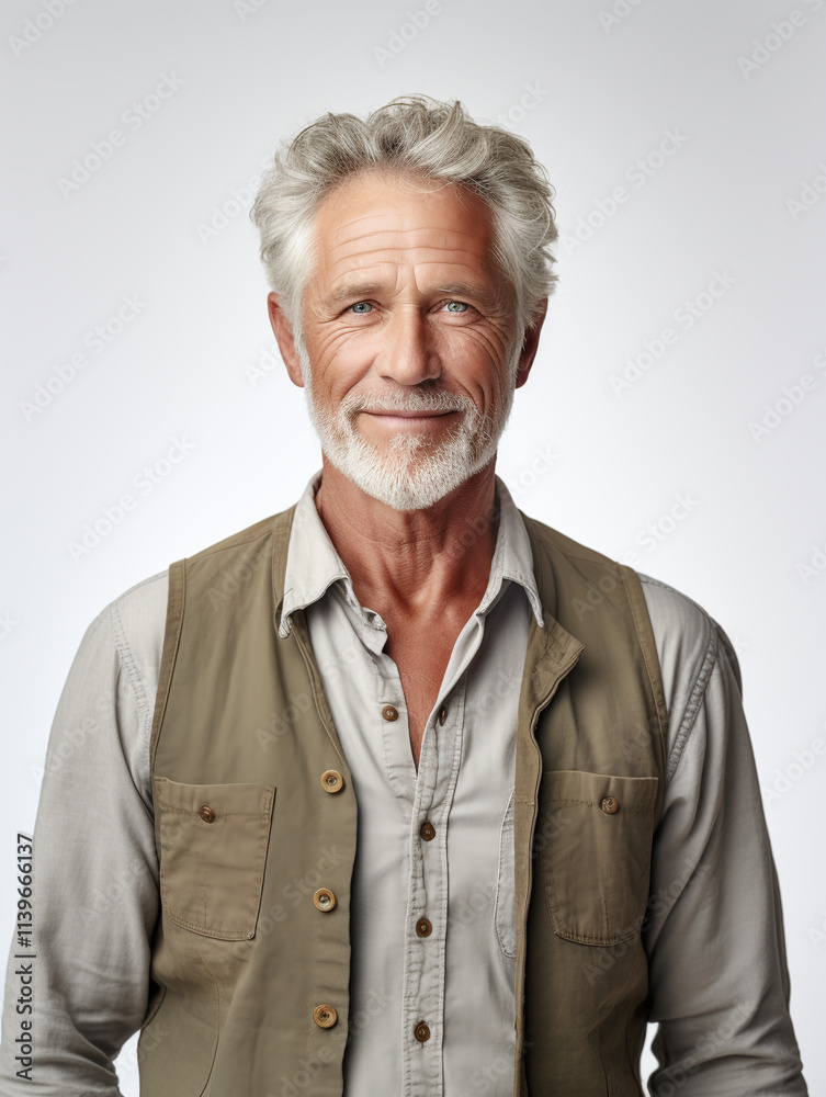 Smiling mature man in casual vest and shirt against light background Smiling mature man in casual vest and shirt against light background