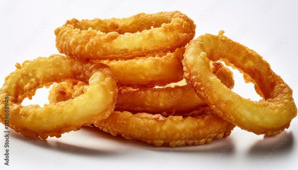 Golden Delight: Perfectly Crispy Onion Rings Isolated for Food Ads and Menus Golden Delight: Perfectly Crispy Onion Rings Isolated for Food Ads and Menus