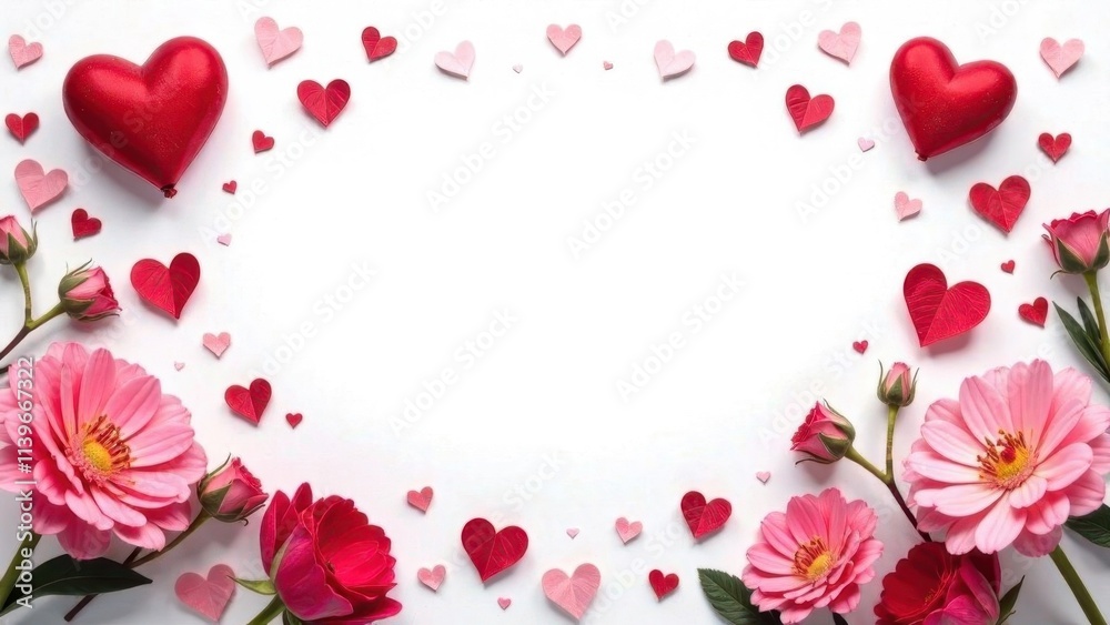 Hearts and flowers on a white background, top view, layout for a card for Valentine's Day, Mother's Day, weddings, place for text Hearts and flowers on a white background, top view, layout for a card for Valentine's Day, Mother's Day, weddings, place for text