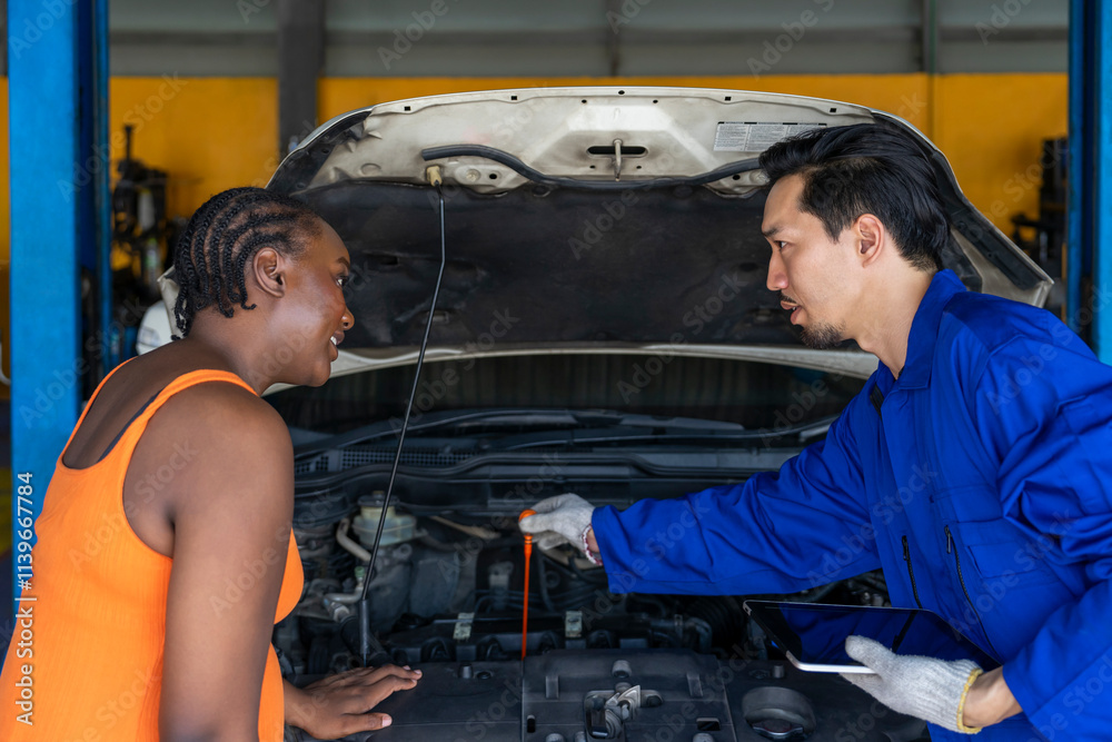 mechanic explaining a car problem to africa woman client during examination,concept for business garage service,auto service mechanic explaining a car problem to africa woman client during examination,concept for business garage service,auto service