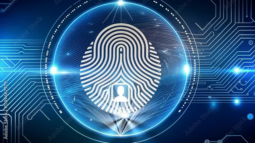 Futuristic fingerprint scanner animation with blue circuit background