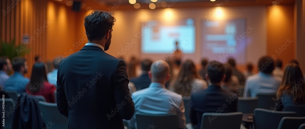 Fototapeta premium Rear view of a diverse audience engaged in listening to a speaker.