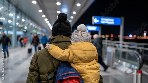 A mother and child walk hand in hand through an airport, wearing warm clothing and head coverings, representing family, journey, and cultural diversity.