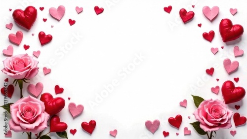 Hearts and flowers on a white background, top view, layout for a card for Valentine's Day, Mother's Day, weddings, place for text