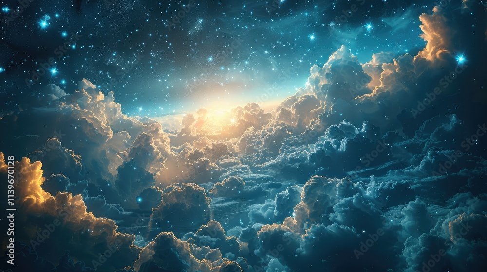 A stunning cosmic scene depicting clouds and stars with a bright horizon. A stunning cosmic scene depicting clouds and stars with a bright horizon.