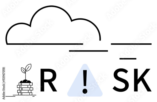 Cloud outline with horizontal lines, growing plant on pile of coins next to text RISK with exclamation mark in triangle. Ideal for finance, investments, climate, agriculture, risk management