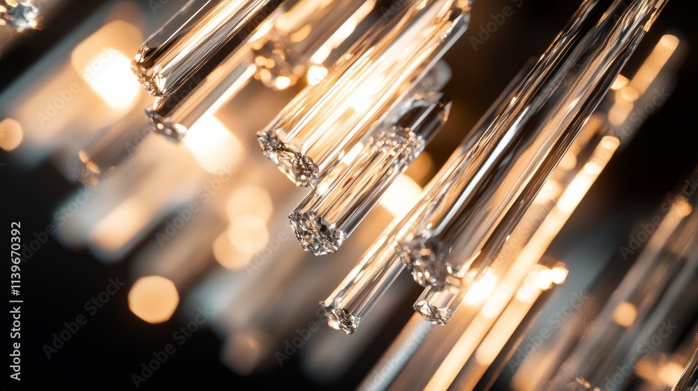 Naklejka premium Close-up of crystal droplets refracting light on a high-end chandelier, creating elegant reflections and warm illumination.