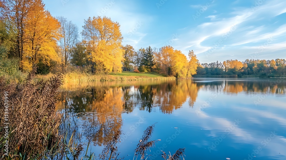 Obraz premium Autumnal lake scenery with golden trees. Tranquil fall landscape.