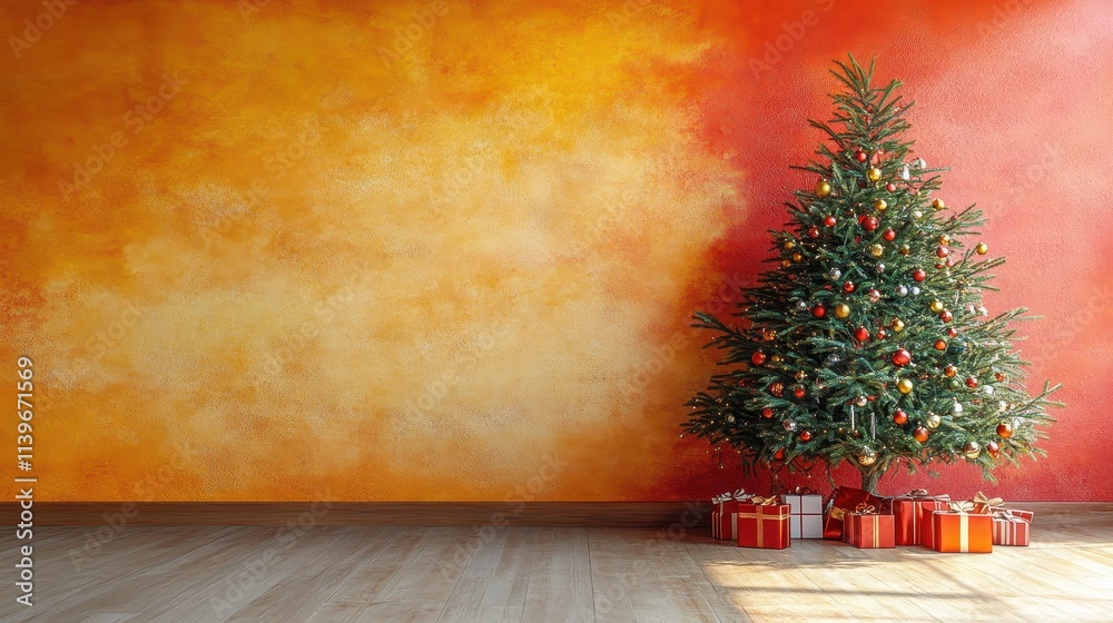 A festive tree with gifts underneath, leaving the upper half blank for greetings