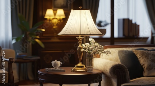 Elegant vintage living room illuminated by a classic table lamp featuring intricate brass details and a soft lampshade glow.