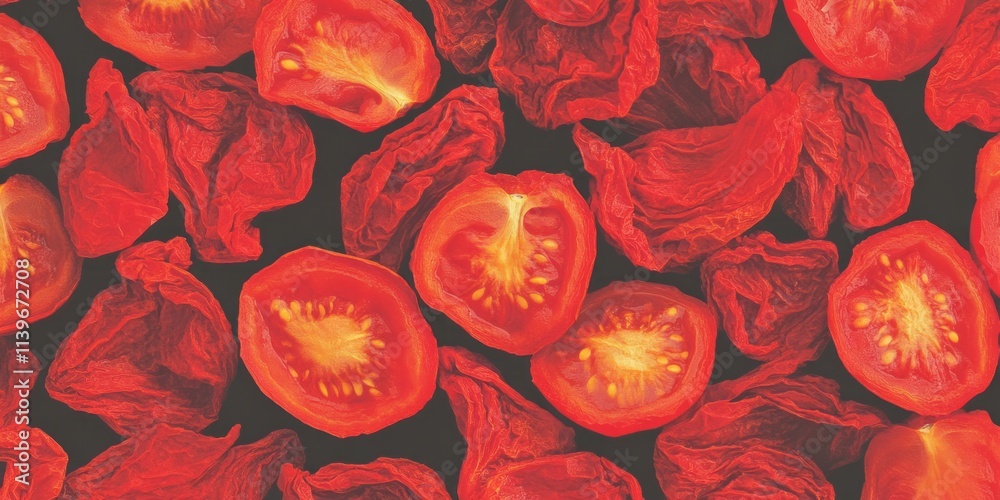 Fototapeta premium Texture of vibrant sun-dried tomato halves showcasing rich colors and unique patterns