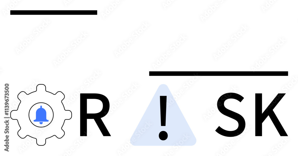 Gear with alert bell on left, exclamation point inside triangle center, letters R and SK toward right, implying RISK. Ideal for safety, business, finance, compliance, project management decision Gear with alert bell on left, exclamation point inside triangle center, letters R and SK toward right, implying RISK. Ideal for safety, business, finance, compliance, project management decision