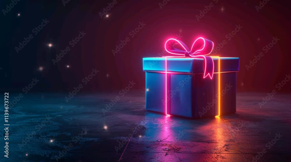 Christmas gift box with neon ribbon glowing against a dark background