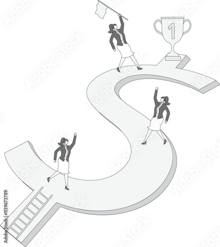 Group of businesswomen climbing huge dollar sign, money opportunity, ambitious financial advisor or business investor trying to reach wealth goal