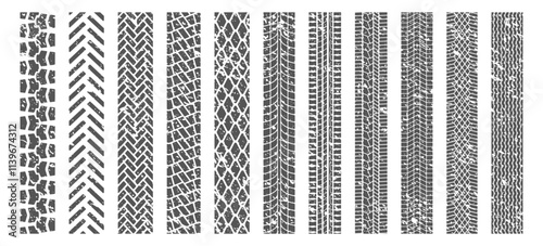 Tire Tracks. High-quality vector set of detailed tread seamless patterns for automotive design, road mark studies, and creative projects.