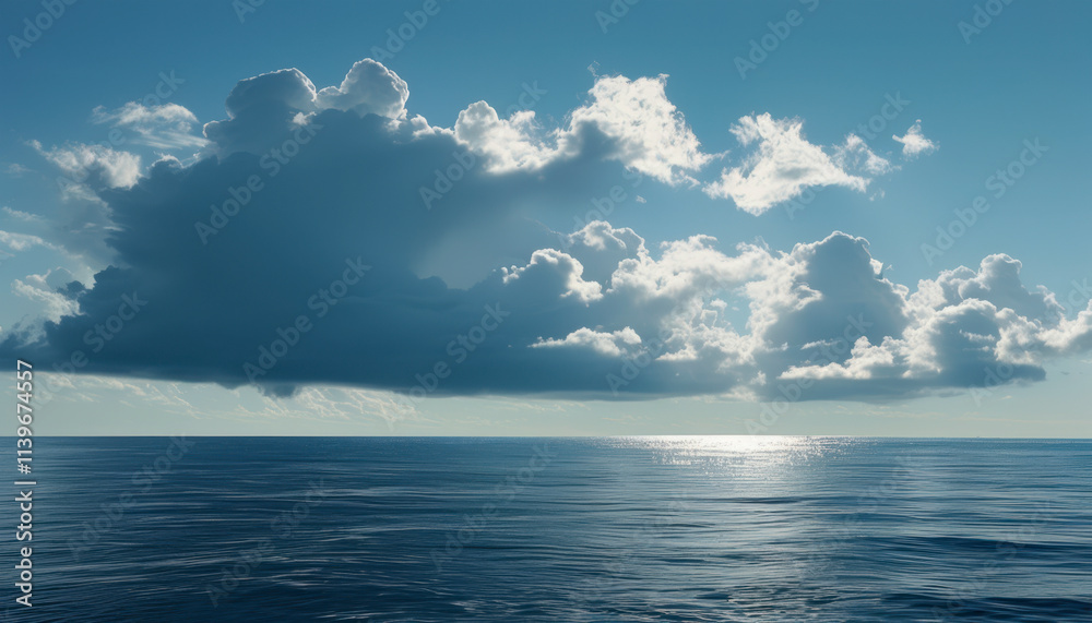 Obraz premium Vast ocean waters reflect sunlight with fluffy clouds above on a serene day