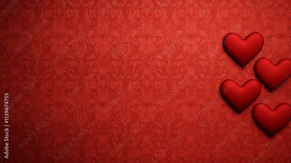 Obraz premium A vibrant red background adorned with decorative patterns, featuring several three-dimensional red hearts, creating a romantic and festive atmosphere.