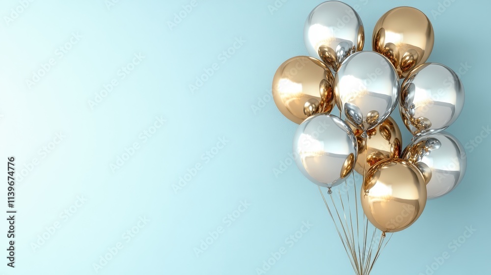 Floating gold and silver balloons against a light pastel background, leaving space below for text