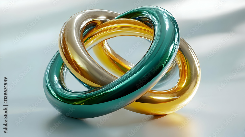 Fototapeta premium Abstract 3D Render Gold and Teal Interlocking Rings