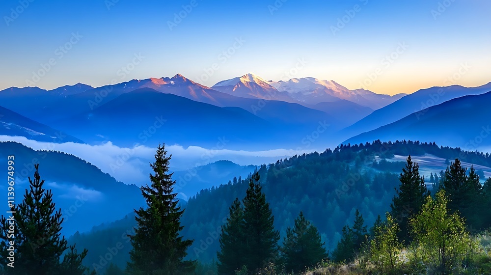 Obraz premium Serene mountain landscape at dawn with mist and vibrant colors.