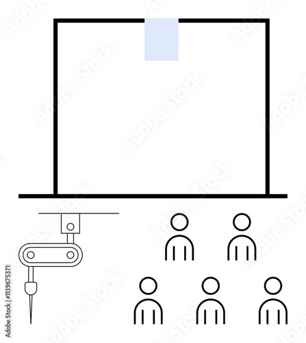 Blank screen flanked by a robotic arm and a group of figures representing students. Ideal for education, technology, innovation, automation, learning, teamwork, futurism. Line metaphor