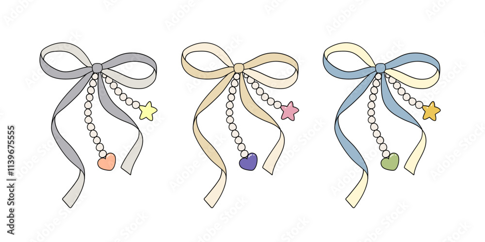 aesthetic pastel ribbon bow, star and heart pendant necklace decoration and dressing isolated drawing elements. vector illustration aesthetic pastel ribbon bow, star and heart pendant necklace decoration and dressing isolated drawing elements. vector illustration