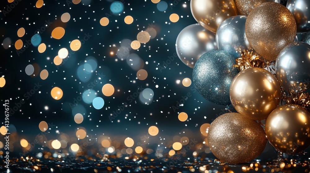 Gold and silver balloons floating against a blurred festive background, with empty space for text