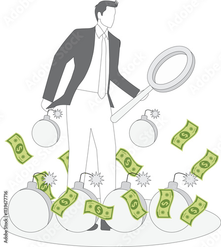 Businessman holding magnifying glass standing between banknotes and bombs to analyze and observe, analyze financial risk and crisis, avoid risk to find money, financial investment risk analysis