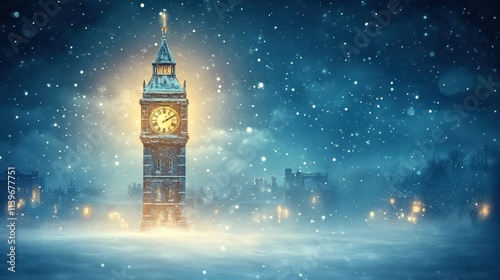 A snowy clock tower glowing under moonlight, leaving the sky blank for text photo