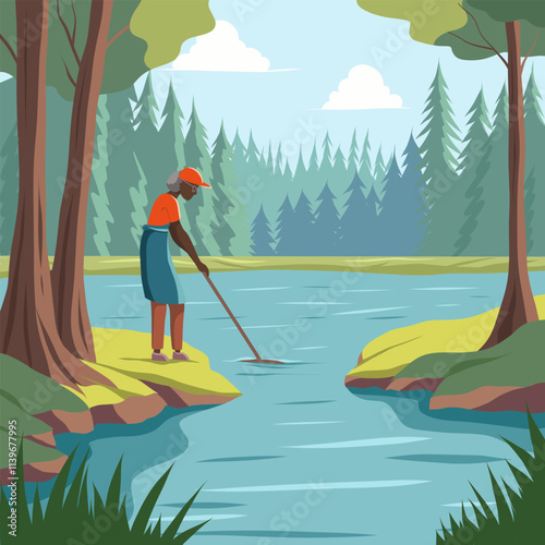 Vector illustration of old African woman cleaning water in a forest pond. Volunteering and an active lifestyle in retirement. Ecological concept of caring for nature and keeping rivers clean