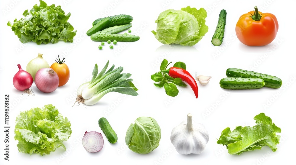 Fresh vegetables showcasing diverse colors and textures in a bright arrangement on a white background Fresh vegetables showcasing diverse colors and textures in a bright arrangement on a white background