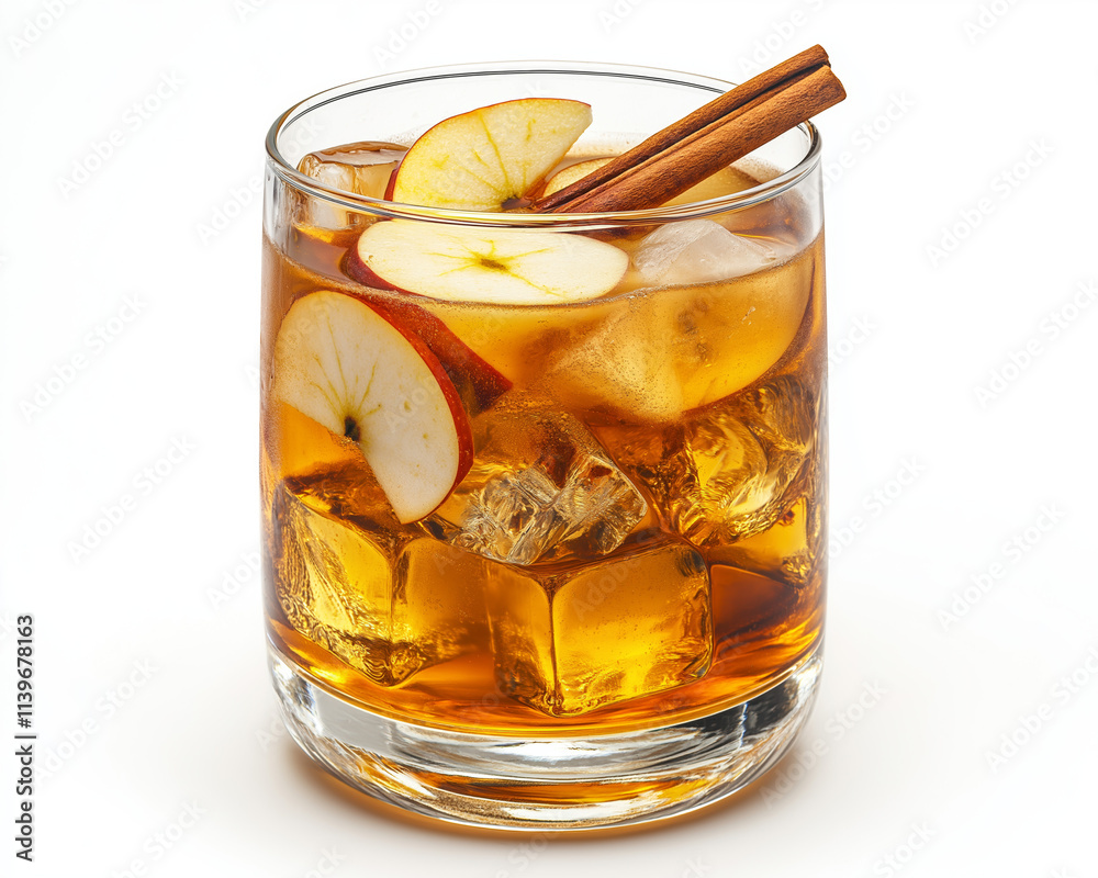 Iced Apple Cider with Cinnamon Sticks and Apple Slices on White Background Iced Apple Cider with Cinnamon Sticks and Apple Slices on White Background