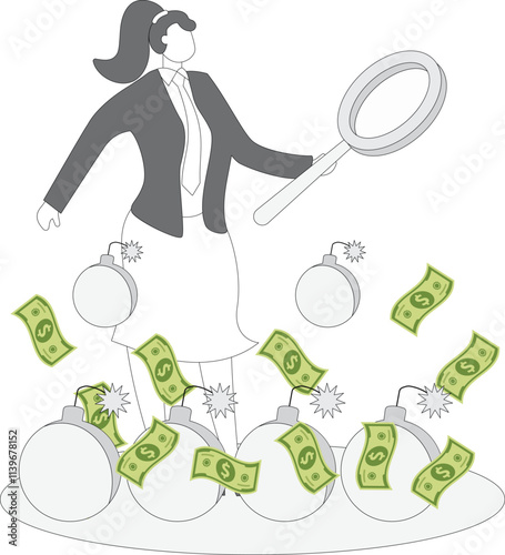 Businesswoman holding magnifying glass standing between banknotes and bombs to analyze and observe, analyze financial risk and crisis, avoid risk to find money, financial investment risk analysis