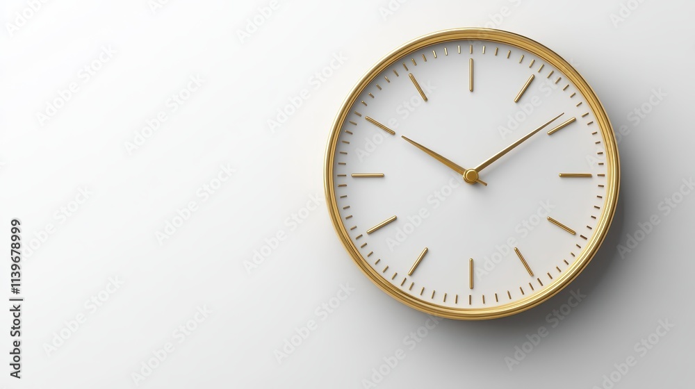 Minimalistic wall clock in gold tones on a white background with empty corners Minimalistic wall clock in gold tones on a white background with empty corners