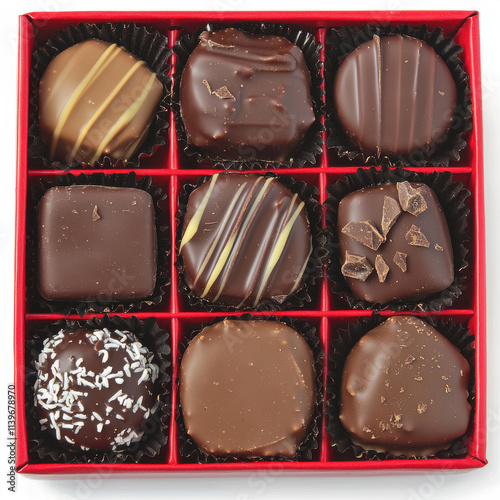 Indulge in delightful assortment of chocolates in red box, showcasing rich textures and tempting designs. Perfect for gifting or personal enjoyment