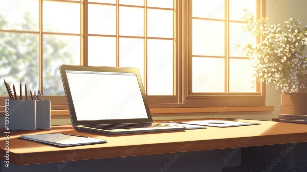 Laptop on desk by sunlit window. Laptop on desk by sunlit window.
