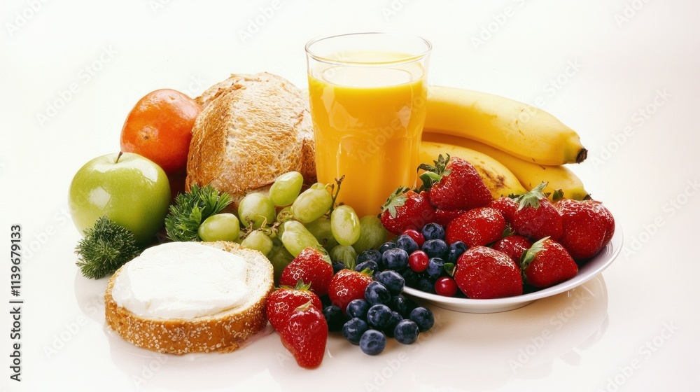 A vibrant assortment of fruits, bread, and orange juice, showcasing a healthy breakfast or snack idea, packed with colors and flavors. A vibrant assortment of fruits, bread, and orange juice, showcasing a healthy breakfast or snack idea, packed with colors and flavors.