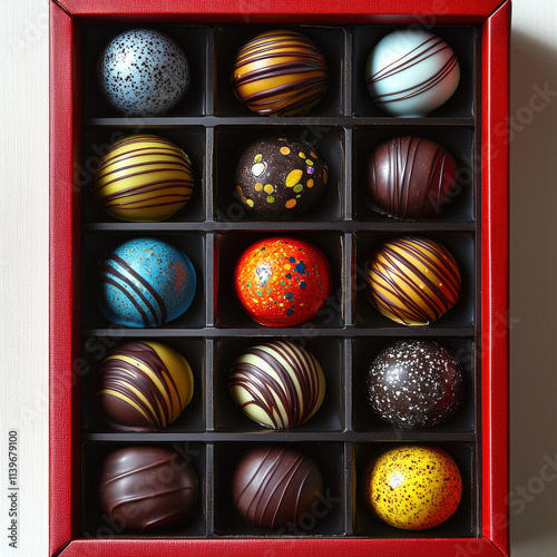 Assorted chocolates in red box featuring detailed textures and vibrant colors, perfect for gifting or indulging in sweet treat