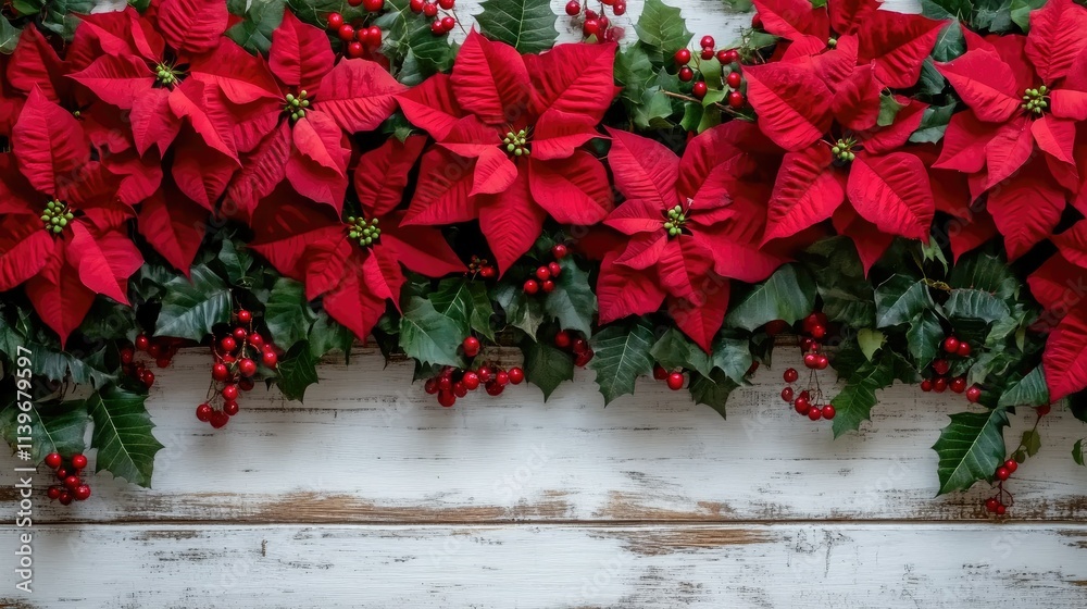Fototapeta premium Festive Christmas garland of red poinsettias and holly berries on rustic white wood.