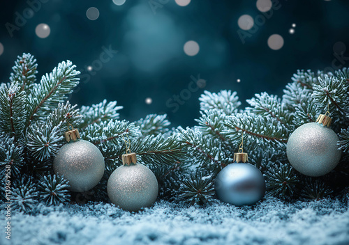 Christmas background with pine branches and Christmas ornaments on snow, in blue and silver colors, with space for text.