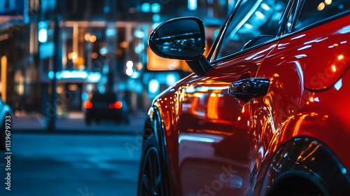 Wallpaper Mural Red car at night. Urban city lights. Concept of transportation, urban life, and modern vehicle. Torontodigital.ca