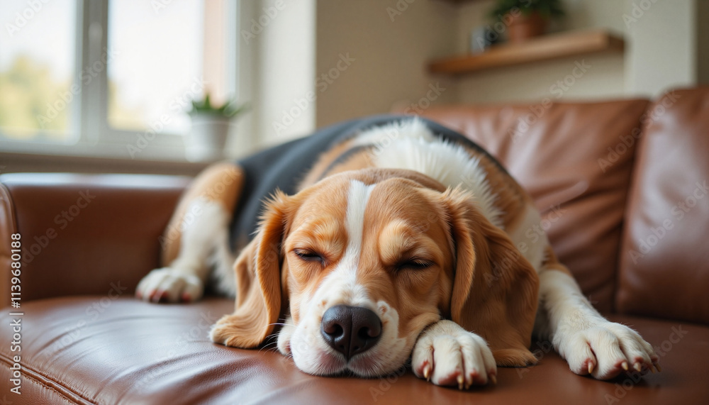 Beagle resting on a brown leather couch in a cozy living room with natural light Beagle resting on a brown leather couch in a cozy living room with natural light