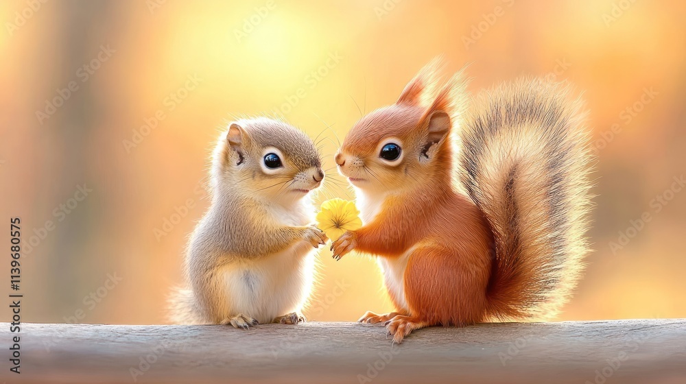 Two adorable squirrels exchanging a flower in a warm, autumn setting. Two adorable squirrels exchanging a flower in a warm, autumn setting.