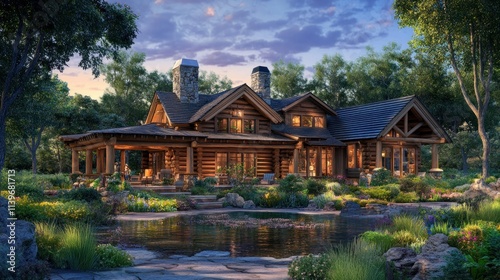 Charming log cabin lake house surrounded by lush summer greenery.