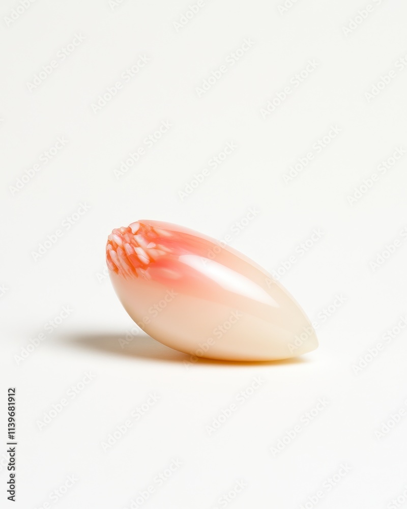 Close-up of a polished, pink, teardrop-shaped shell with intricate detail. Close-up of a polished, pink, teardrop-shaped shell with intricate detail.